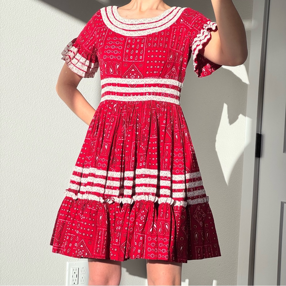 Handmade Red Bandana Babydoll Cotton Dress Prairie Lace Full Skirt S M